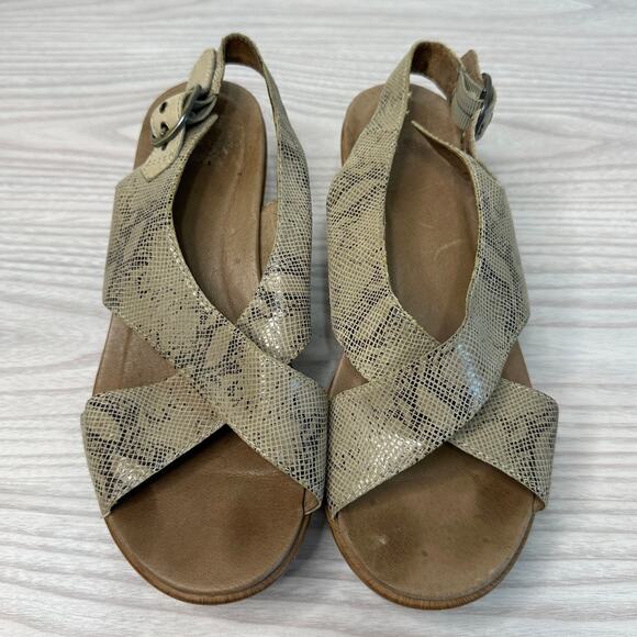 Dansko Jacinda Wedge Sandals WMNS 38 Taupe Snake Skin Crossover Strap Sling Back - Picture 10 of 13